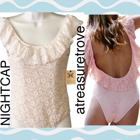 NIGHTCAP x Free People Hanalei M 8/10 Ivory Lace Ruffled 1-Piece Maillot Swim - Picture 3 of 7